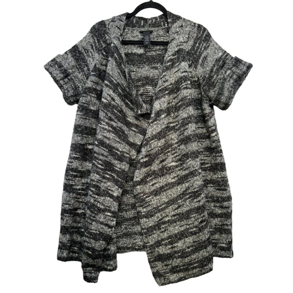 Lane Bryant Womens Open Front Knit Cardigan 14/16 Black Gray White Short Sleeve